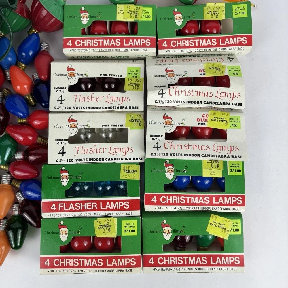VTG CHRISTMAS C-7 LIGHT BULBS,  3 ELECTRICAL CORDS NEW AND USED